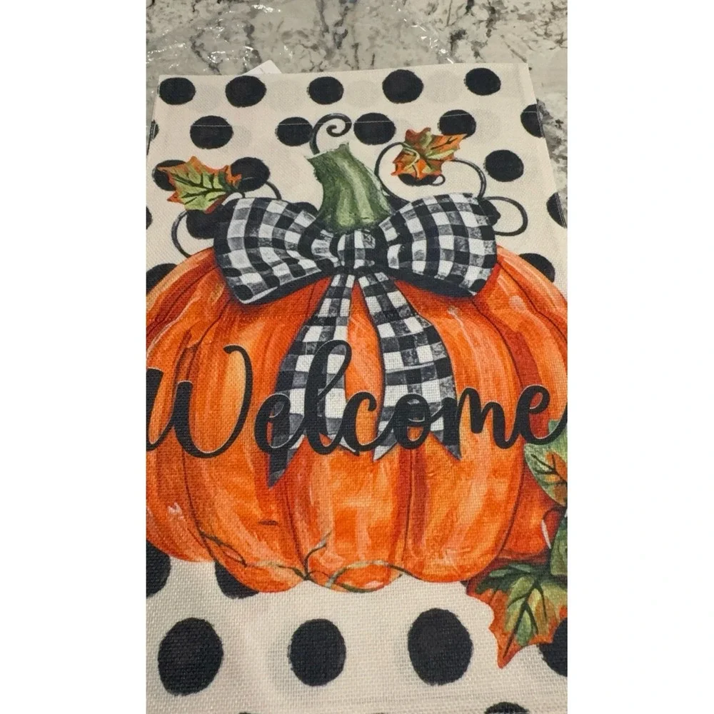 NEW Fall burlap garden flag with pumpkins & black/cream polka dots